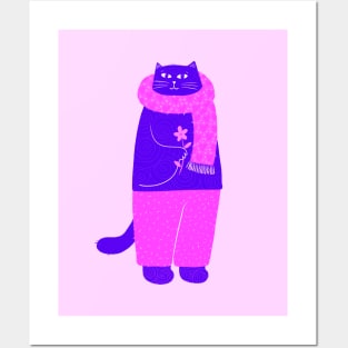 Cute purple cat with pink scarf and flower Posters and Art